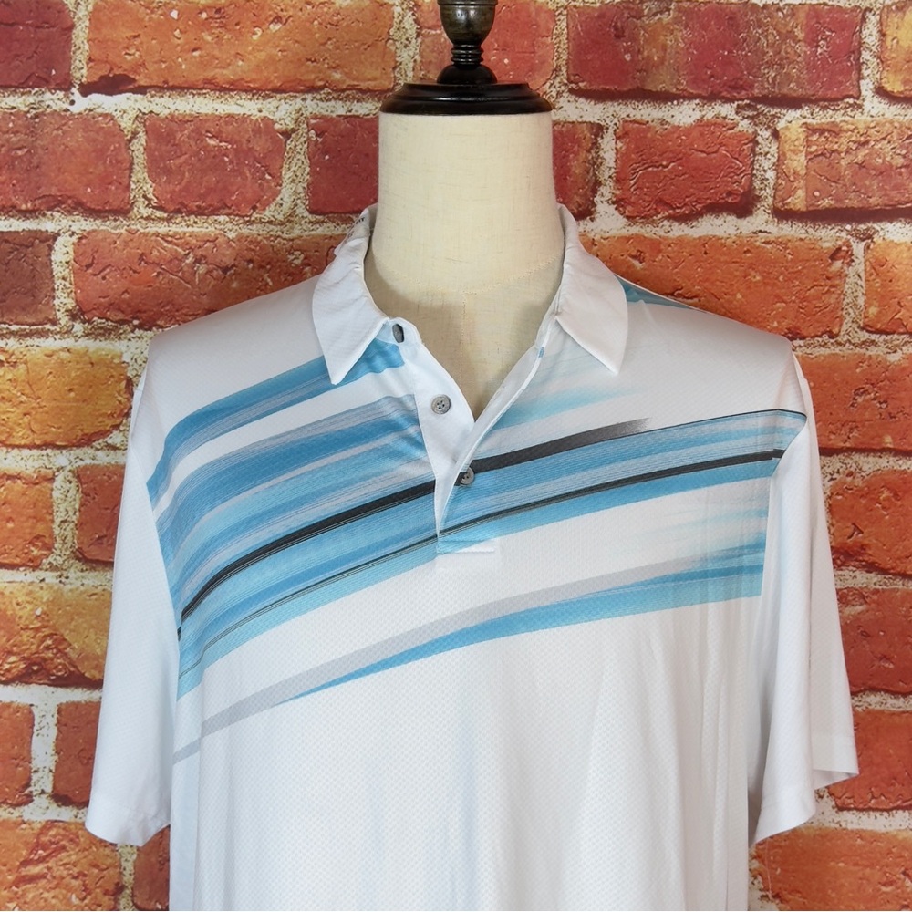 PGA Tour White and Blue Graphic Polo Short Sleeve‎ Shirt UPF 50 Wicking Stretch